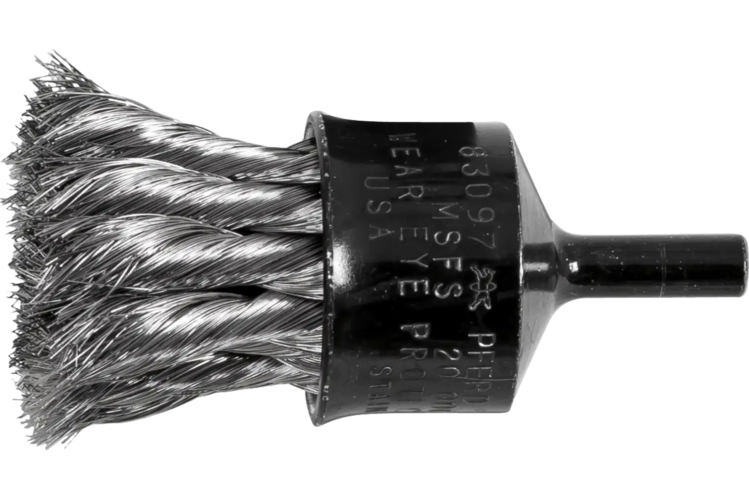 Show details for Pferd Knot Wire End Brush 1" Dia. Flared Cup .006 Stainless Steel 1/4" Shank Picture of Pferd Knot Wire End Brush 1" Dia. Flared Cup .006 Stainless Steel 1/4" Shank